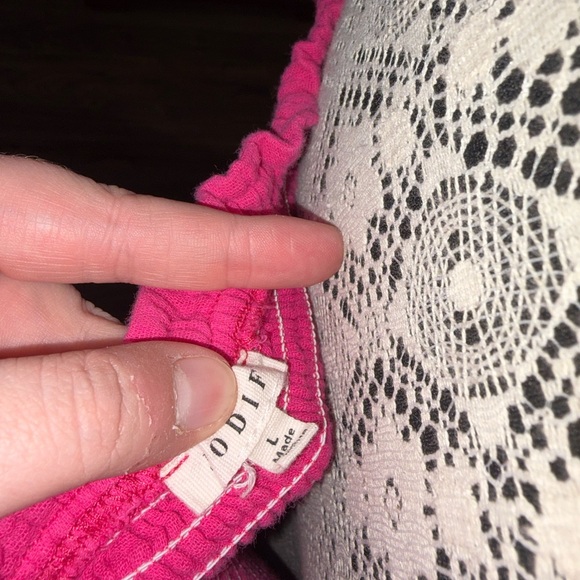 Jodifl pink crochet mini square gauze smocked‎ bodice mini dress puff sleeve L - Picture 4 of 4